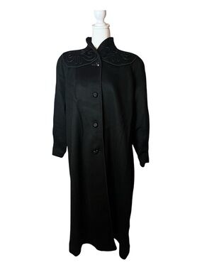 Vintage Made in USA 100% Wool Black Long Trench Coat Embroidered Plus Size